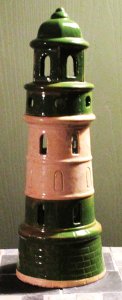 Leuchtturm, Keramik, grün - weiß, Windlicht mit LED